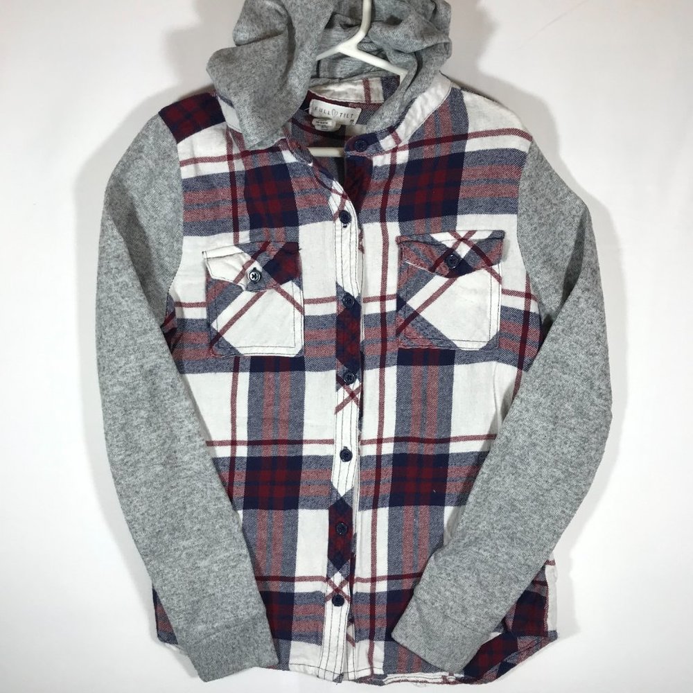 Full Tilt Girl's Medium Red Plaid Button Up Long Sleeve Flannel Hoodie